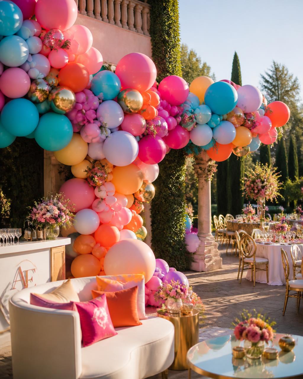 A high-end colorful balloon installation at a luxury outdoor garden party